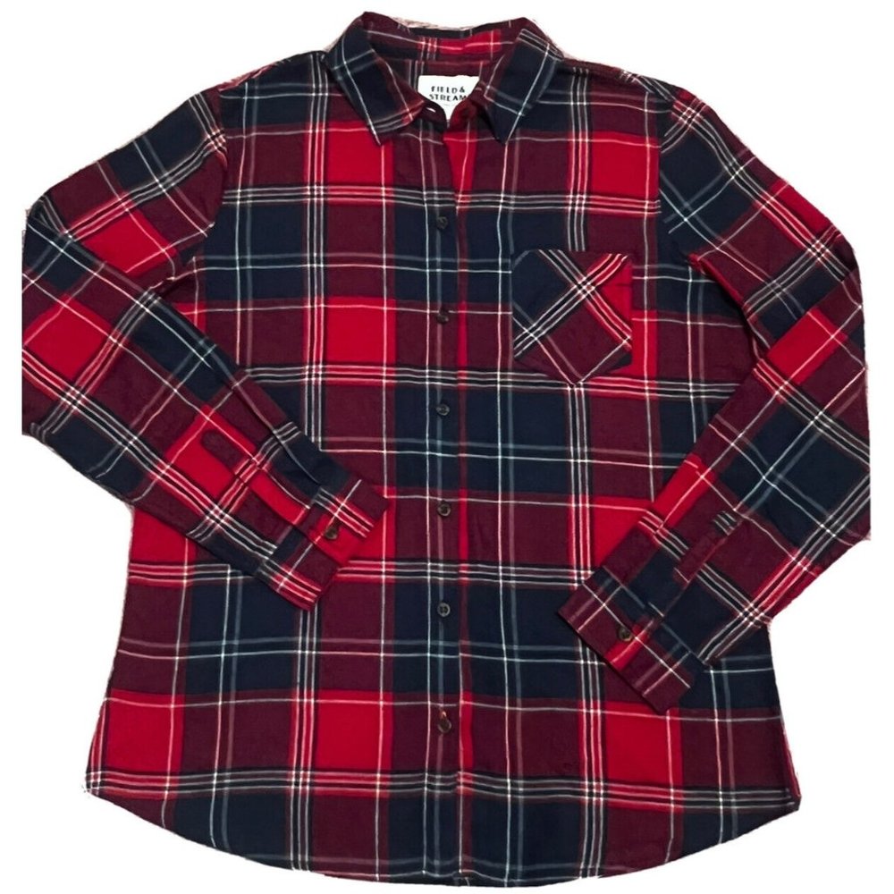 Field And Stream Womens Shirt Large Classic Flannel Woodbury Plaid Red Blue NEW